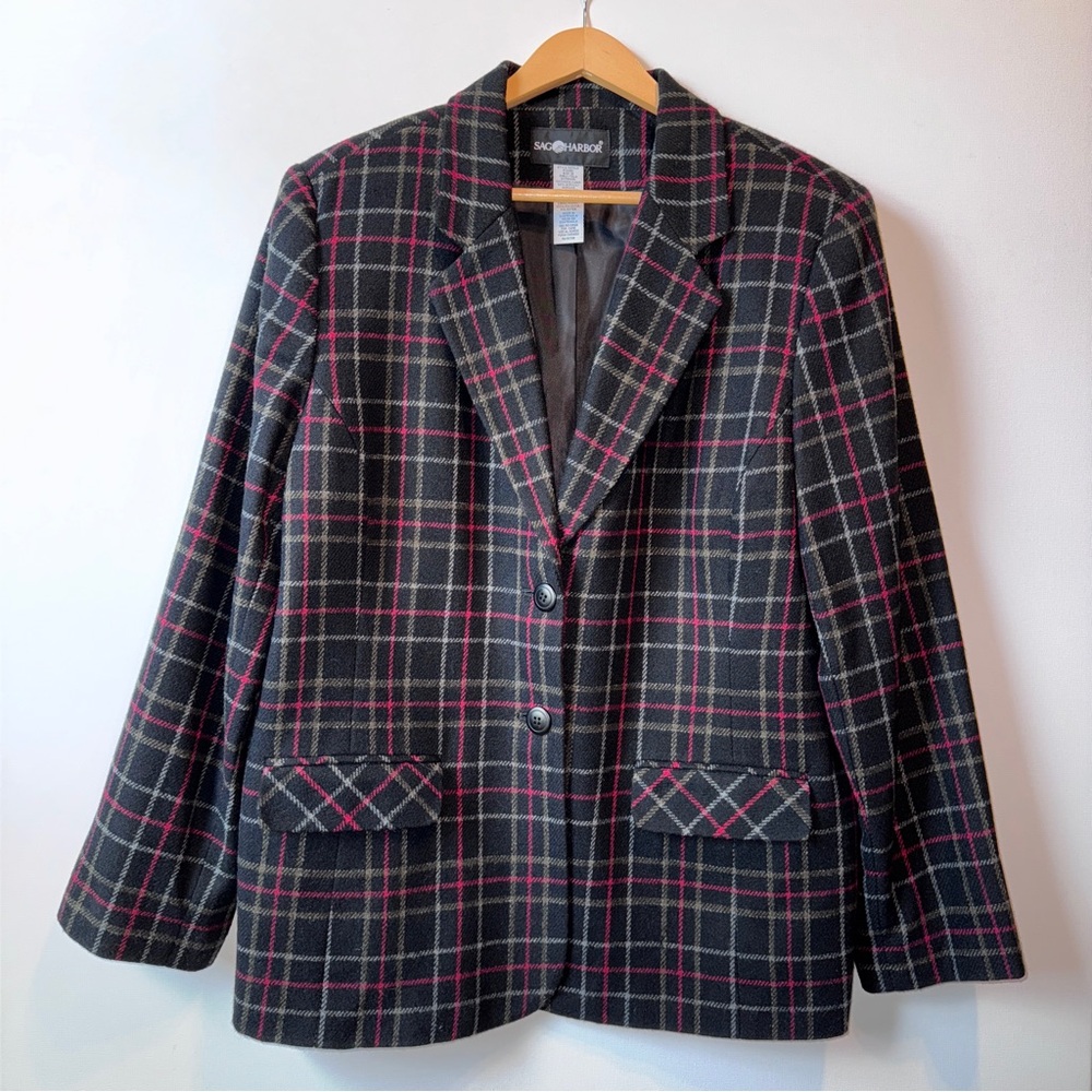 Sag Harbor Vintage Plaid Blazer Women's Size 16 Black & Red Wool Dark Academia